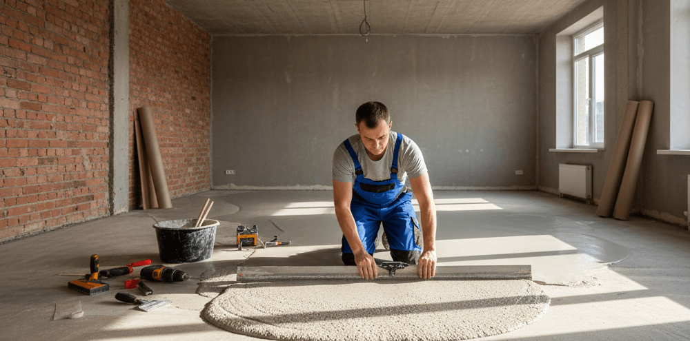 Handwerker verteilt Ausgleichsmasse
